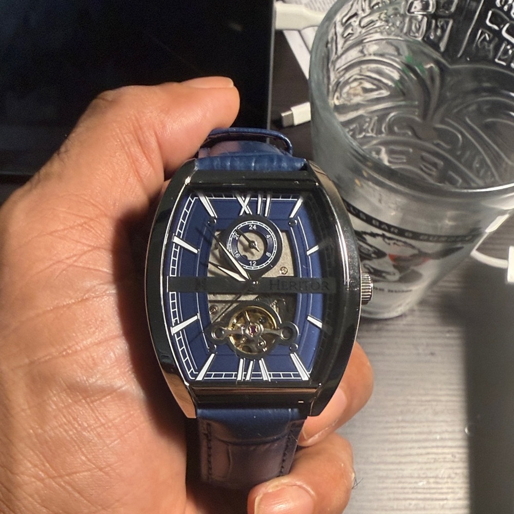 Blue Tonneau Skeleton Dial Men's Watch with Leather Strap